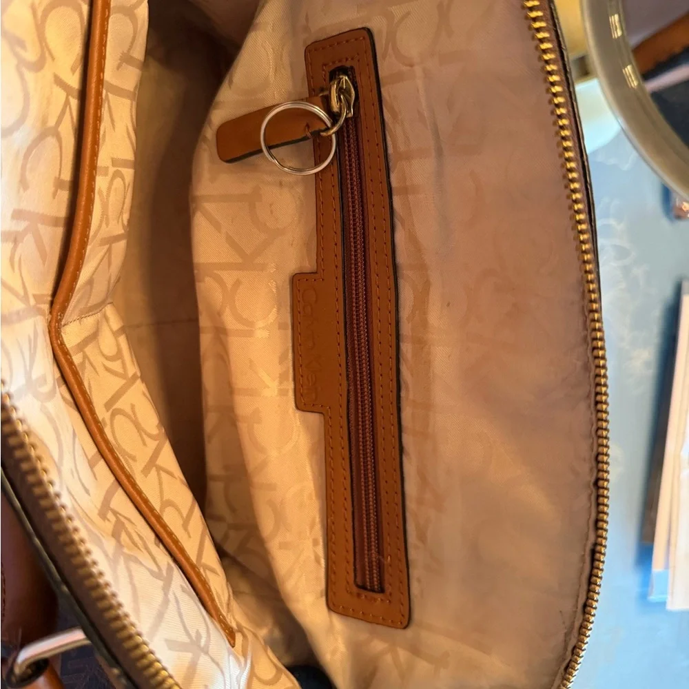 Calvin Klein Brown Monogram Satchel with Tan Handles